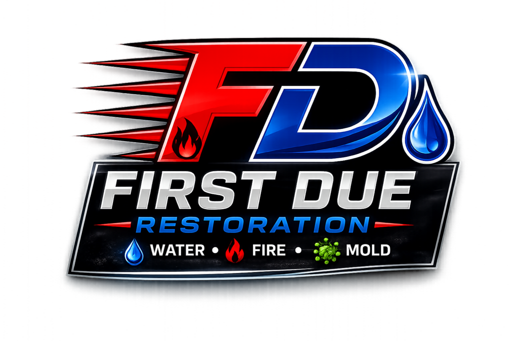 First Due Restoration logo with water, fire, and mold services